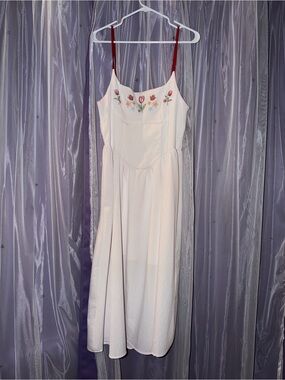 SHEIN White Midi Dress with Red Straps and Floral Embroidery